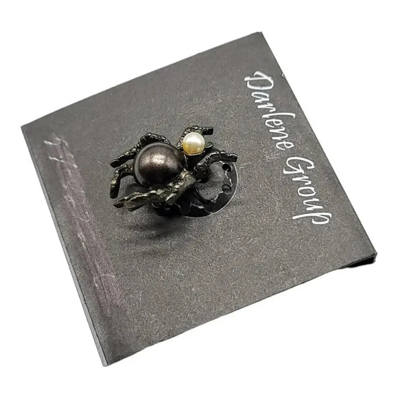 Vintage Halloween SPIDER FAUX PEARL Silver Tone Enamel Darlene Group Pin Brooch - Picture 2 of 5